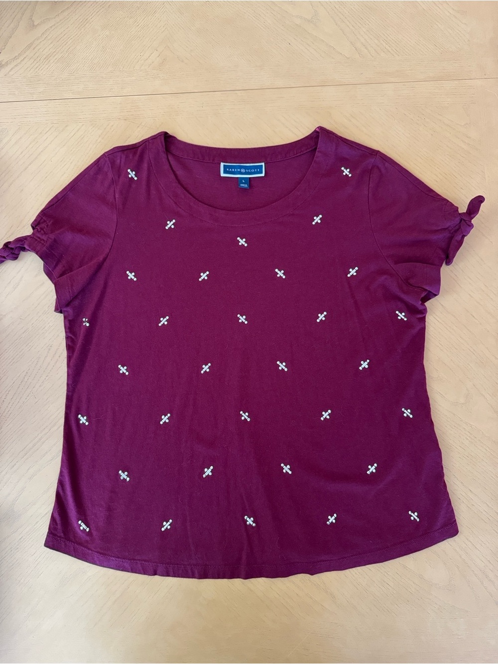 Karen Scott Burgundy/ Red Wine Short Sleeve Top with Knotted Sleeves